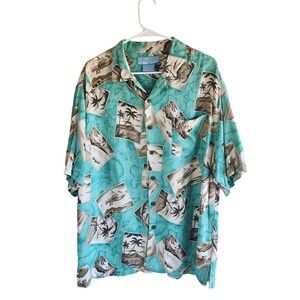 Bermuda Bay Mens Silk Hawaiian Shirt Large Teal Postcard Map Tropical Seaplane